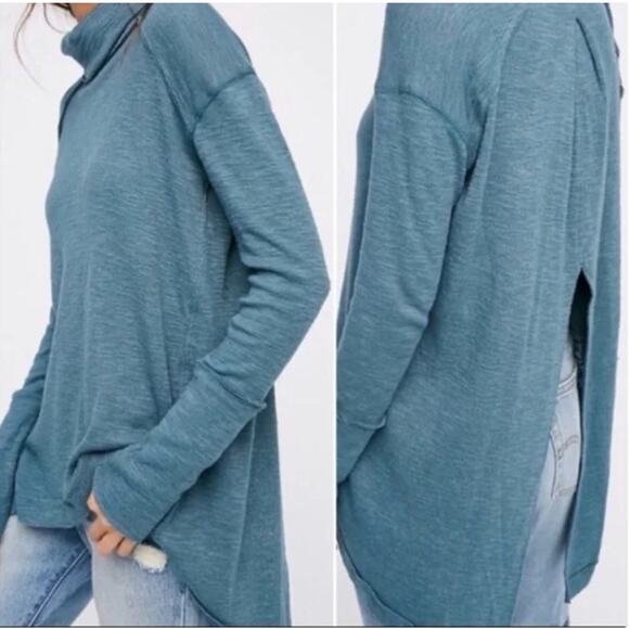 Free People Split Back Turtleneck Top - Blue Small - Picture 1 of 12